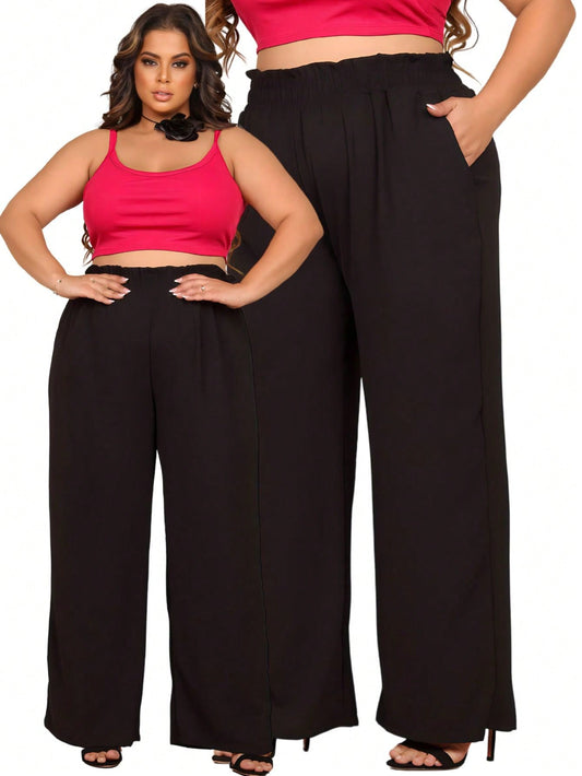 Calça pantalona feminina Plus Size cintura alta com bolso elástico no cós Linha Premium