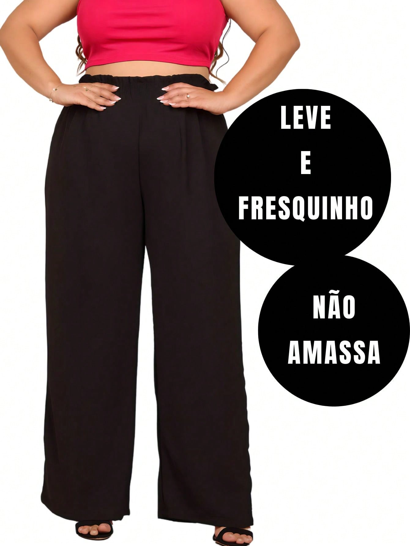 Calça pantalona feminina Plus Size cintura alta com bolso elástico no cós Linha Premium