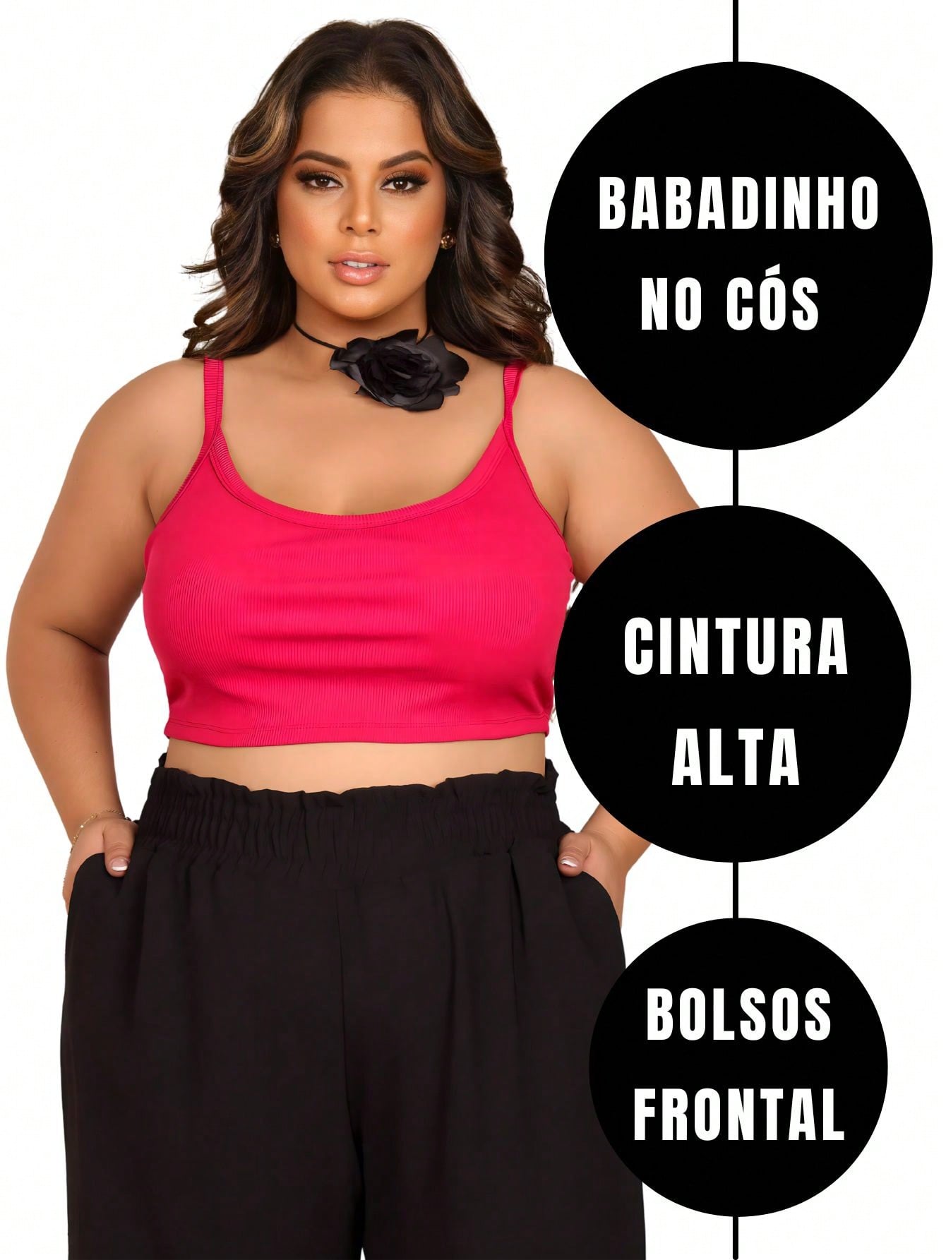 Calça pantalona feminina Plus Size cintura alta com bolso elástico no cós Linha Premium