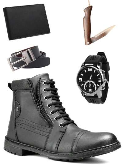 Men's Comfortable Leather Boot Kit + Wallet, Belt, Watch and Pocket Knife