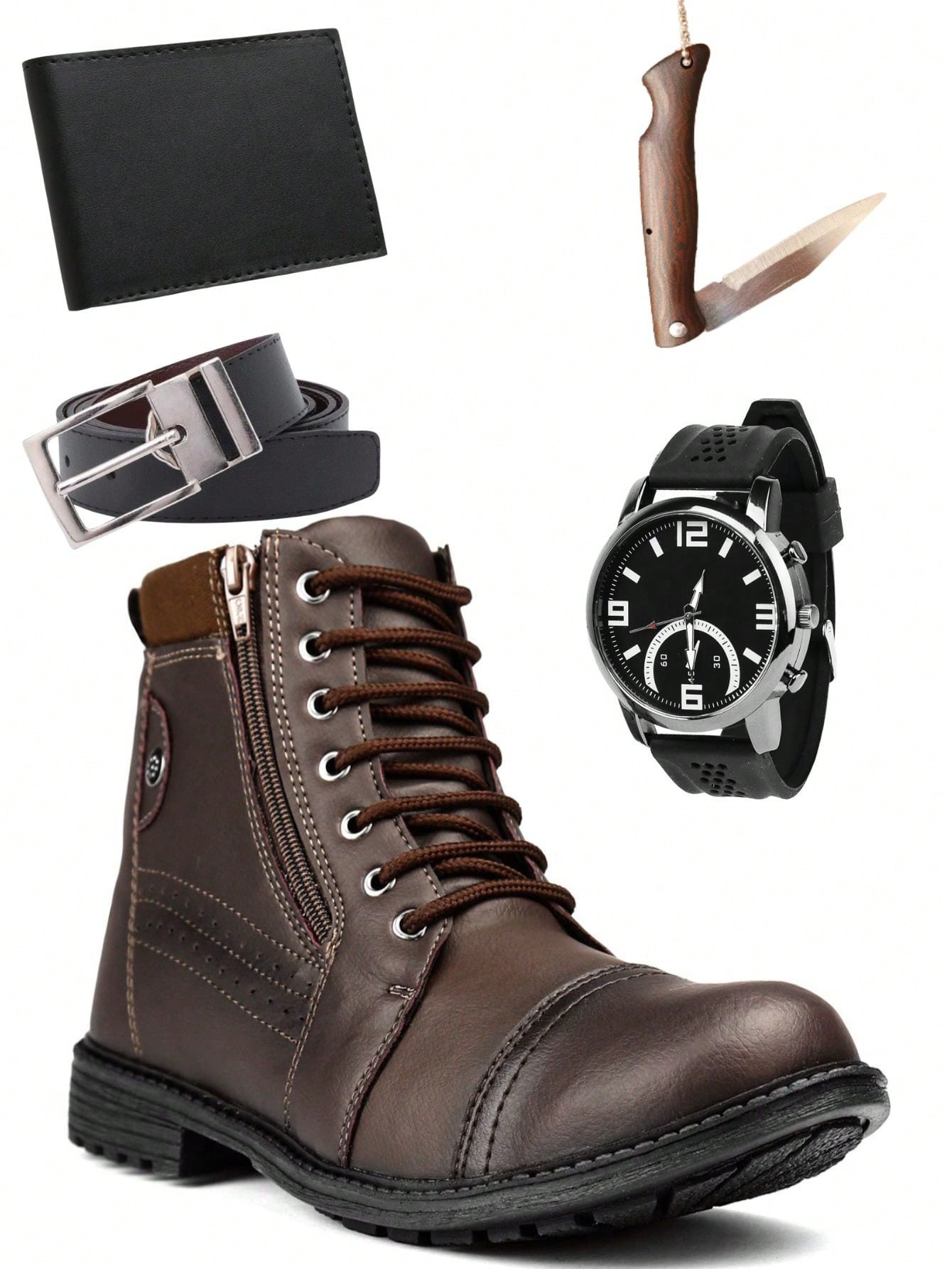 Men's Comfortable Leather Boot Kit + Wallet, Belt, Watch and Pocket Knife