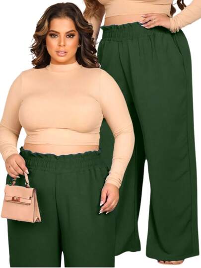 Calça pantalona feminina Plus Size cintura alta com bolso elástico no cós Linha Premium